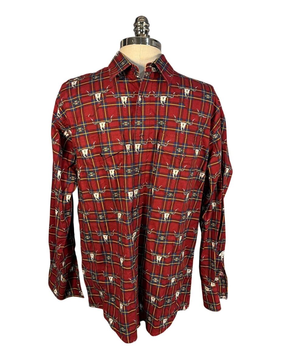 Vintage Wrangler Men's Button Up Plaid Skull Red Pearl Snap Buttons LARGE